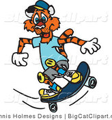 Big Cat Vector Clipart of a Skateboarding Tiger in Knee Pads by Dennis Holmes Designs