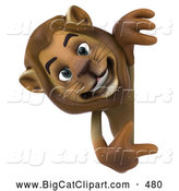 Big Cat Vector Clipart of a Smiling Lion Character Pointing to and Looking Around a Blank Sign by Julos