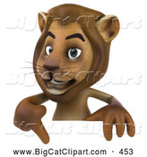 Big Cat Vector Clipart of a Smiling Lion Character Pointing to and Standing Behind a Blank Sign by