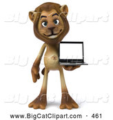 Big Cat Vector Clipart of a Smiling Lion Character Presenting a Laptop by Julos
