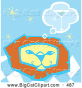 Big Cat Vector Clipart of a Smiling Lion Thinking of a Martini over a Blue Starry Background by Xunantunich
