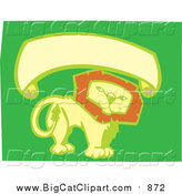 Big Cat Vector Clipart of a Smiling Lion with Blank Banner - Green, Yellow, Orange Colors by Xunantunich