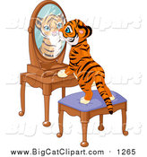 Big Cat Vector Clipart of a Tiger Cub Standing on a Stool and Looking Curiously in His Reflectin in a Mirror by Pushkin