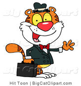Big Cat Vector Clipart of a Tiger Salesman Waving by Hit Toon