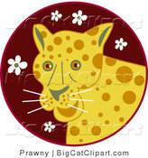 Big Cat Vector Clipart of a Yellow Happy Leopard over a Maroon Circle with White Flowers by Prawny
