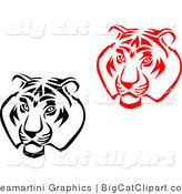 Big Cat Vector Clipart of Black and White and Red Tiger Faces by Vector Tradition SM