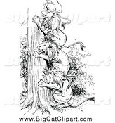Big Cat Vector Clipart of Black and White Lions Forming a Ladder up a Tree by Prawny Vintage