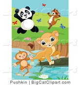 Big Cat Vector Clipart of Cute Animals Saving a Monkey at a Pond by Pushkin