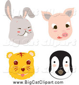 Big Cat Vector Clipart of Faces of a Rabbit Pig Tiger and Penguin by Cherie Reve