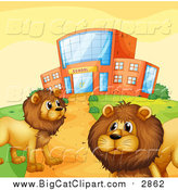 Big Cat Vector Clipart of Male Lions by a School Building by