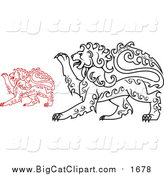Big Cat Vector Clipart of Red and Black Curly Haired Heraldic Lions by Vector Tradition SM