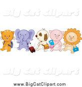 Big Cat Vector Clipart of School Animals Walking in Line; Cat, Elephant, Puppy, Piglet and Lion by BNP Design Studio