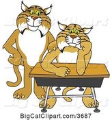 Vector Clipart of a Bobcat School Mascot Standing by a Worried Student by Toons4Biz