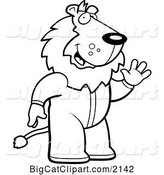 Vector Clipart of a Cartoon Black and White Waving Lion in Footie Pajamas by Cory Thoman