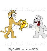 Vector Clipart of a Cartoon Bobcat School Mascot Giving a First Place Trophy to a Bulldog, Symbolizing Teamwork and Sportsmanship by Toons4Biz