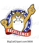 Vector Clipart of a Cartoon Bobcat School Mascot Holding up a Finger in an Excellence Badge by Toons4Biz