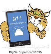 Vector Clipart of a Cartoon Bobcat School Mascot Holding up a Smart Phone with an Emergency Screen, Symbolizing Safety by Toons4Biz