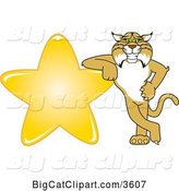 Vector Clipart of a Cartoon Bobcat School Mascot Leaning Against a Gold Star, Symbolizing Excellence by Mascot Junction