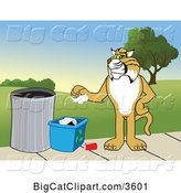 Vector Clipart of a Cartoon Bobcat School Mascot Recycling, Symbolizing Integrity, Against a Park Landscape by Mascot Junction