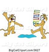 Vector Clipart of a Cartoon Bobcat School Mascot Warning Another That Is Carrying a Stack of Books About a Puddle, Symbolizing Being Proactive by Toons4Biz