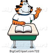 Vector Clipart of a Cartoon Tiger Student Raising His Hand at a Desk by Cory Thoman