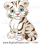 Vector Clipart of a Cute Cute Blue Eyed White Tiger Cub Sitting by Pushkin