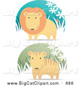 Vector Clipart of a Lion and Cute Tiger in Grass by Qiun