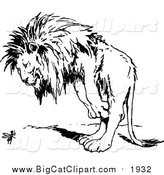 Vector Clipart of a Lion Looking at a Bug with Wings - Black Outline by Prawny Vintage