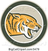 Vector Clipart of a Retro Growling Tiger in a Green Circle by Patrimonio