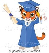Vector Clipart of a Tiger Cub Graduate Cheering in a Cap and Gown and Holding a Diploma by Pushkin