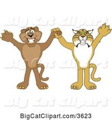 Vector Clipart of Cartoon Bobcat and Cougar School Mascots Holding Hands and Cheering, Symbolizing Teamwork and Sportsmanship by Mascot Junction