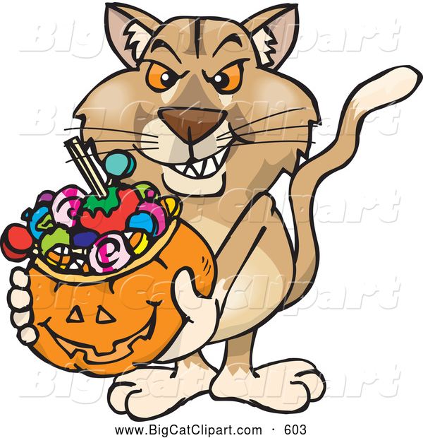 Big Cat Cartoon Vector Clipart of a Aggressive Trick or Treating Puma Holding a Pumpkin Basket Full of Halloween Candy