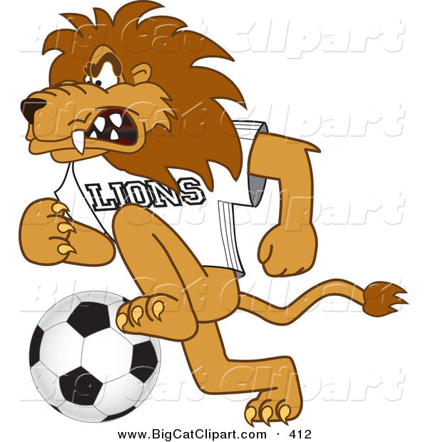 Big Cat Cartoon Vector Clipart of a Angry Lion Character Mascot Playing Soccer