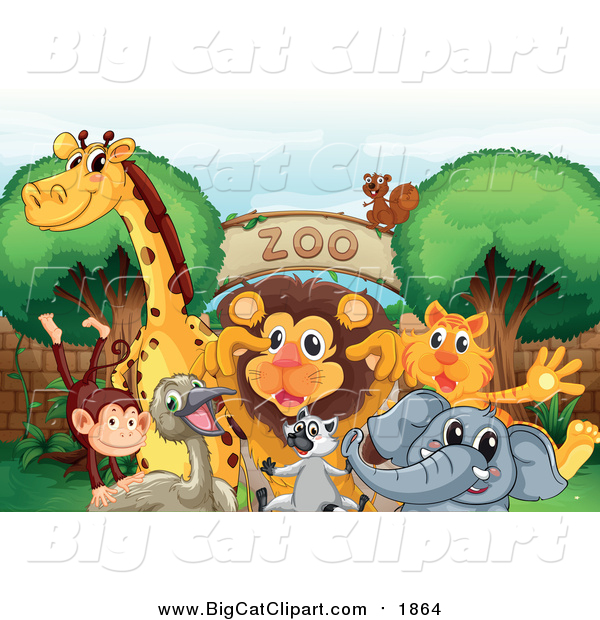 Big Cat Cartoon Vector Clipart of a Animals Gathered at a Zoo Entrance