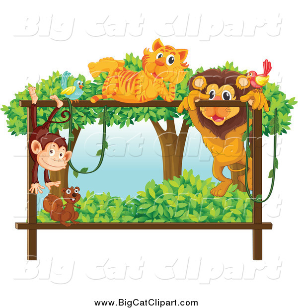 Big Cat Cartoon Vector Clipart of a Bird Tiger Monkey Squirrel and Male Lion Playing on a Forest Frame