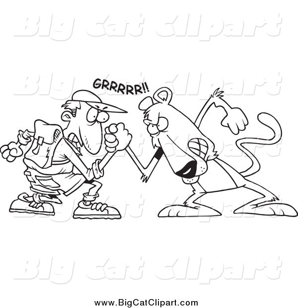 Big Cat Cartoon Vector Clipart of a Black and White Brave Man Wrestling with a Cougar