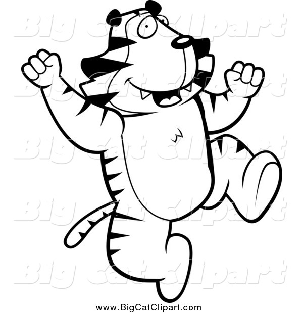 Big Cat Cartoon Vector Clipart of a Black and White Cheering Jumping Tiger