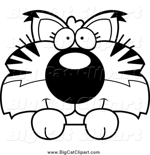 Big Cat Cartoon Vector Clipart of a Black and White Cute Bobcat Cub Hanging over a Sign