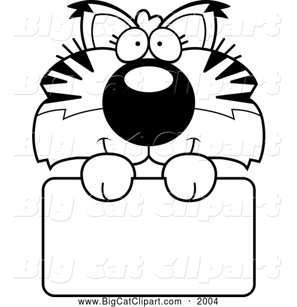 Big Cat Cartoon Vector Clipart of a Black and White Cute Bobcat Cub over a Sign