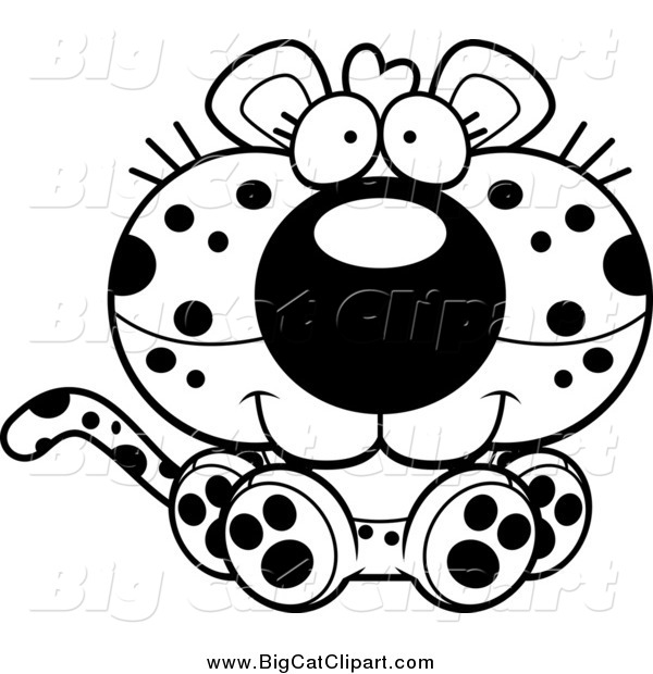 Big Cat Cartoon Vector Clipart of a Black and White Cute Sitting Leopard Cub