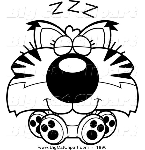 Big Cat Cartoon Vector Clipart of a Black and White Cute Sleeping Bobcat Cub