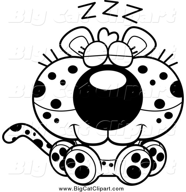 Big Cat Cartoon Vector Clipart of a Black and White Cute Sleeping Leopard Cub