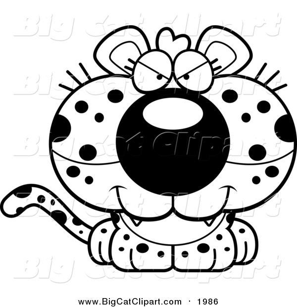 Big Cat Cartoon Vector Clipart of a Black and White Cute Sly Leopard Cub