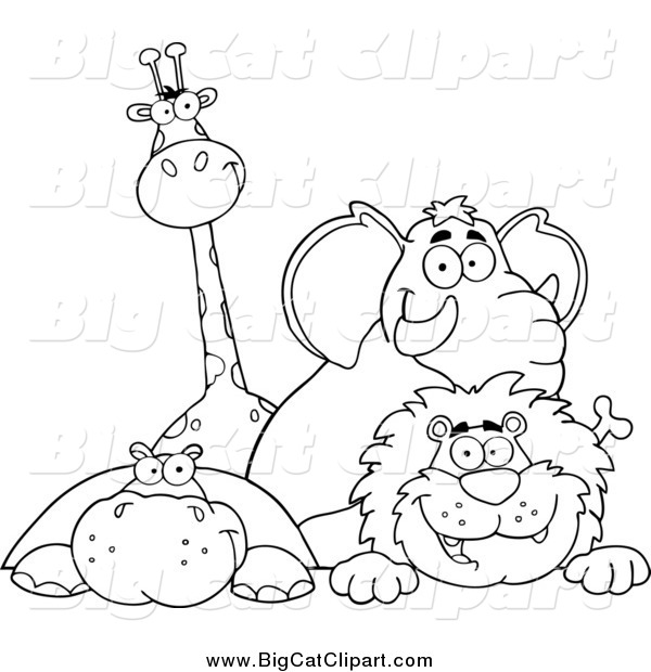 Big Cat Cartoon Vector Clipart of a Black and White Giraffe Elephant Hippo and Lion