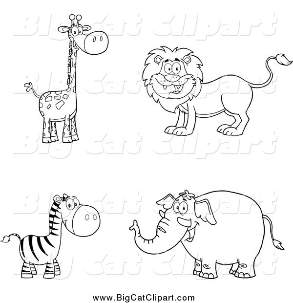 Big Cat Cartoon Vector Clipart of a Black and White Giraffe, Lion, Zebra and Elephant