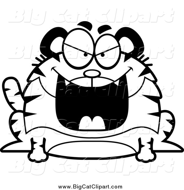 Big Cat Cartoon Vector Clipart of a Black and White Grinning Evil Chubby Tiger