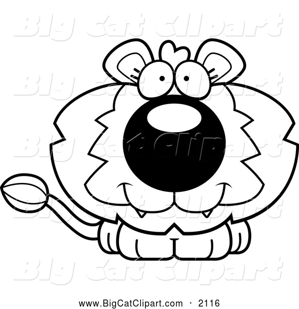 Big Cat Cartoon Vector Clipart of a Black and White Happy Cute Lion