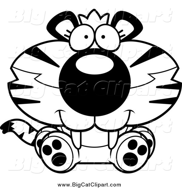 Big Cat Cartoon Vector Clipart of a Black and White Happy Cute Sitting Tiger Cub