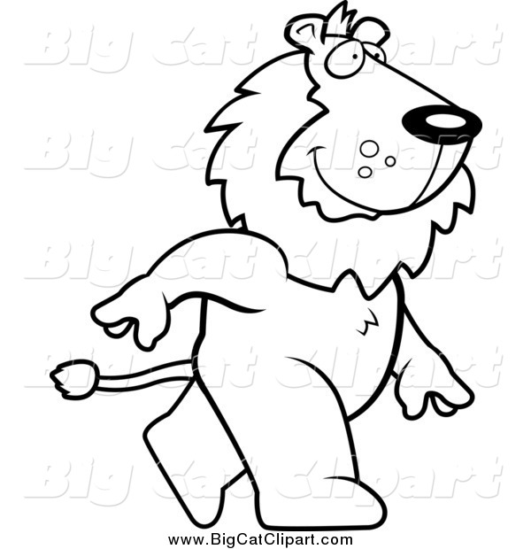 Big Cat Cartoon Vector Clipart of a Black and White Happy Lion Walking Upright