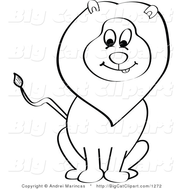Big Cat Cartoon Vector Clipart of a Black and White Happy Sitting Lion ...